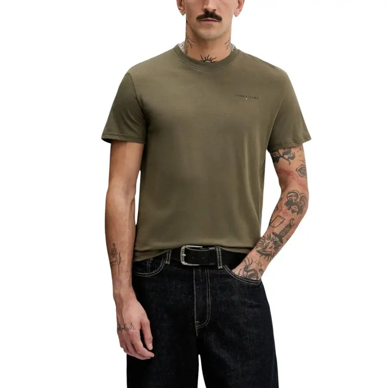 Tommy Hilfiger Jeans Herren-Kurzarmshirt mit Rundhalsausschnitt, olivgrün t-shirt mit kleinem, gesticktem Logo auf der Brust
