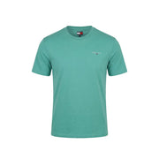 Teal tommy hilfiger jeans men t-shirt with short sleeves embroidered logo and classic crew neck design