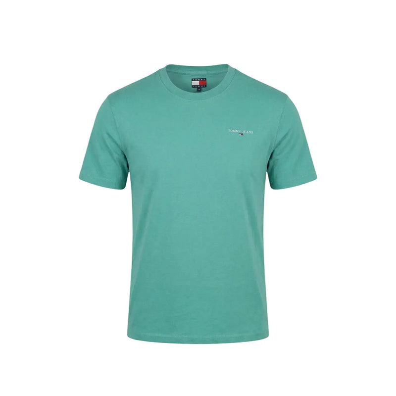 Teal tommy hilfiger jeans men t-shirt with short sleeves embroidered logo and classic crew neck design
