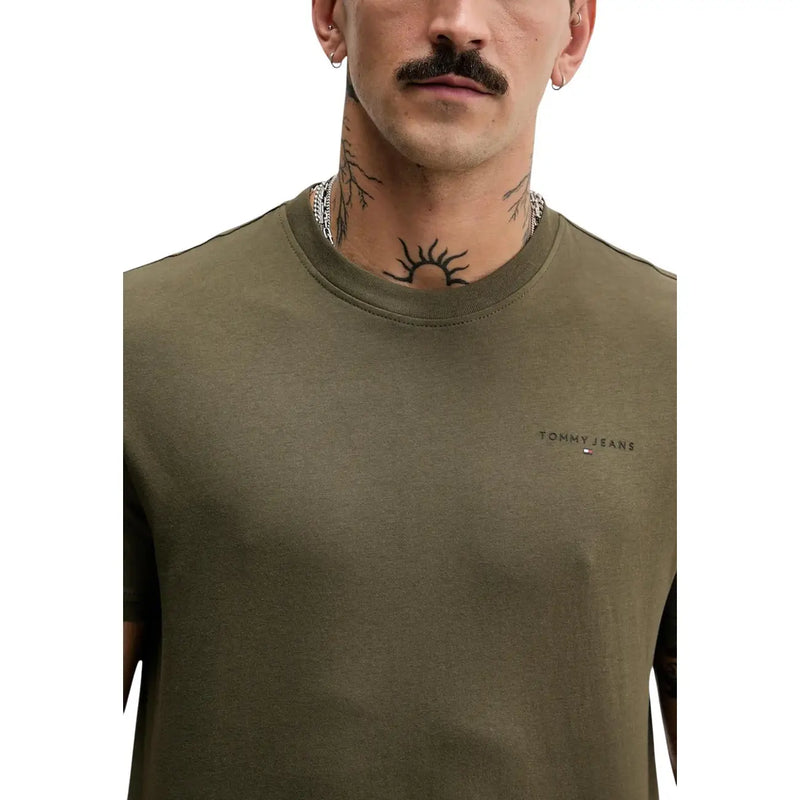 Tommy Hilfiger Jeans olive green crewneck t-shirt with subtle embroidered logo on chest for men