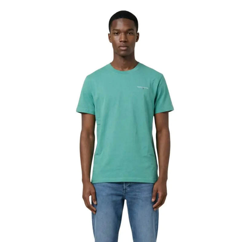 Teal tommy hilfiger jeans men t-shirt with crew neck and subtle white logo on the left chest for casual wear
