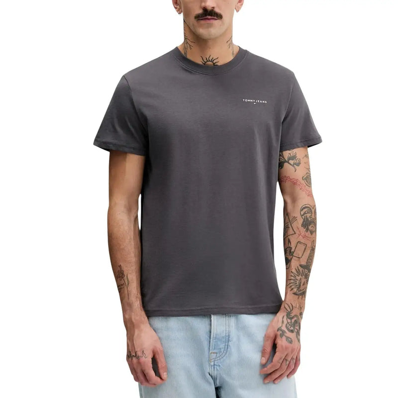Dark gray Tommy Hilfiger Jeans men t-shirt featuring a small white logo on the left chest in cotton material