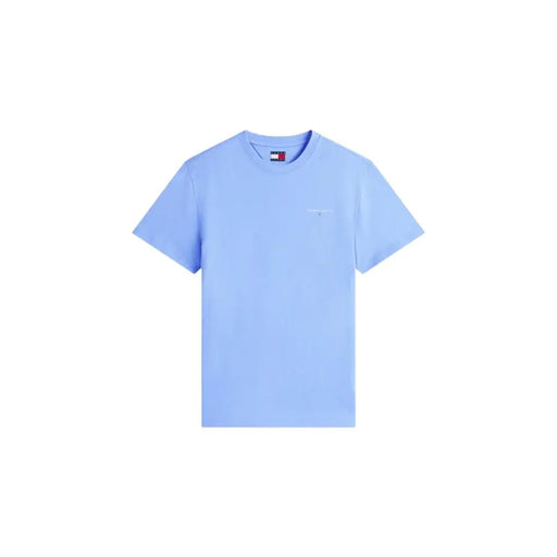 Light blue tommy hilfiger jeans men t shirt made of organic cotton with short sleeves and subtle embroidered logo on chest