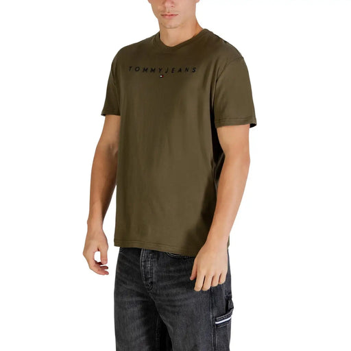 Olive green tommy hilfiger jeans men t-shirt with black logo and red white and blue flag emblem on front