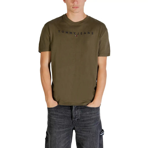 Olive green tommy hilfiger jeans men t-shirt with subtle black logo across the chest made from soft cotton material