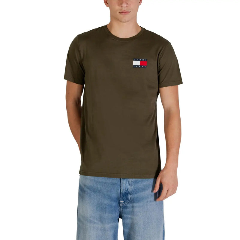 Olive green tommy hilfiger jeans men t-shirt with small embroidered flag logo on left chest