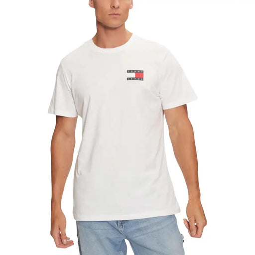 White Tommy Hilfiger Jeans men t-shirt with a small rectangular red and black logo on the left chest