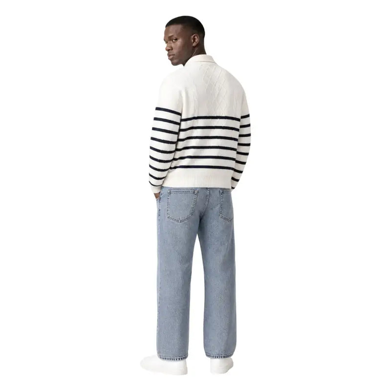 Tommy Hilfiger Jeans men white organic cotton sweatshirt featuring a cream knit with black stripes and ribbed cuffs