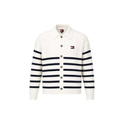 A cream-colored knit cardigan with navy blue stripes and button closure styled with a tommy hilfiger jeans men white organic cotton sweatshirt