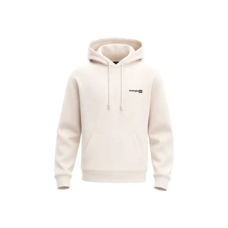 Cremefarbene Tommy Hilfiger Jeans für Herren, weißes Sweatshirt aus Bio-Baumwolle mit dezentem Brustlogo und passenden Kordelzügen