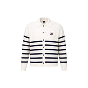 A cream-colored knit cardigan with navy blue stripes and button closure styled with a tommy hilfiger jeans men white organic cotton sweatshirt