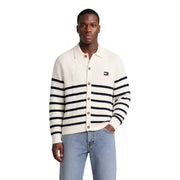 Cream-colored knit cardigan with navy blue stripes and tommy hilfiger logo patch for men made of organic cotton