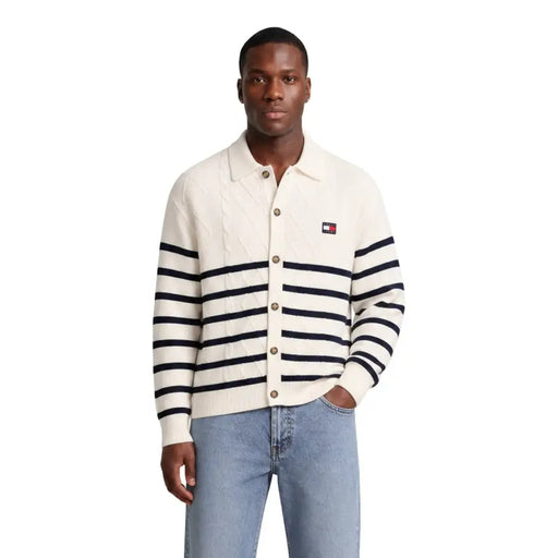 Cream-colored knit cardigan with navy blue stripes and tommy hilfiger logo patch for men made of organic cotton