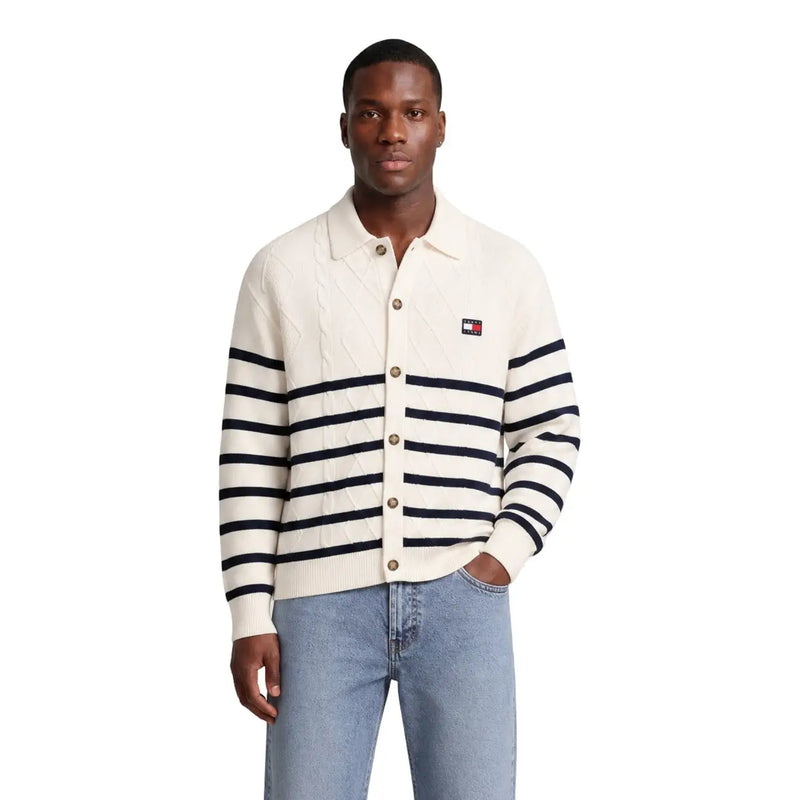 Cream-colored knit cardigan with navy blue stripes and tommy hilfiger logo patch for men made of organic cotton