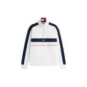 Sweat-shirt Tommy Hilfiger Jeans blanc pour homme, à demi-zip, manches bleu marine et surpiqûres rouges, en coton biologique
