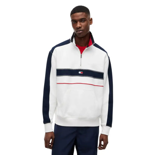 Tommy Hilfiger Jeans Herren-Sweatshirt aus Bio-Baumwolle mit weißen Streifen, marineblauen Ärmeln und rotem Zierstreifen auf der Brust