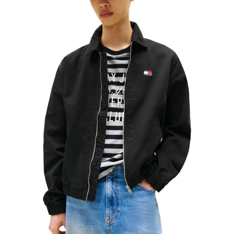 Black bomber jacket with small flag logo on chest from Tommy Hilfiger Jeans Mens Organic Cotton collection