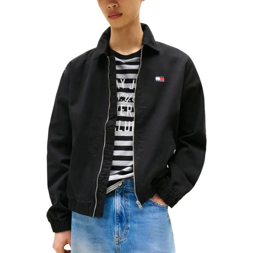 Black bomber jacket with small flag logo on chest from Tommy Hilfiger Jeans Mens Organic Cotton collection