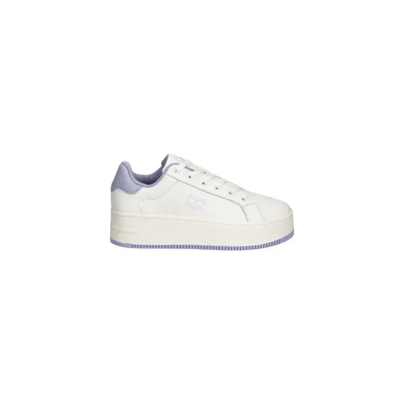 Tommy Hilfiger jeans white leather women sneakers with white platform, lavender heel and sole accents, clean leather upper