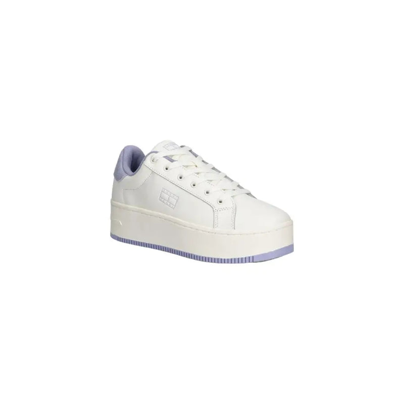 Tommy Hilfiger Jeans white leather women sneakers with platform sole and lavender accents on heel tab and sole edge