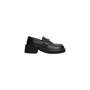 Tommy Hilfiger black leather moccasins with chunky heel and metallic buckle