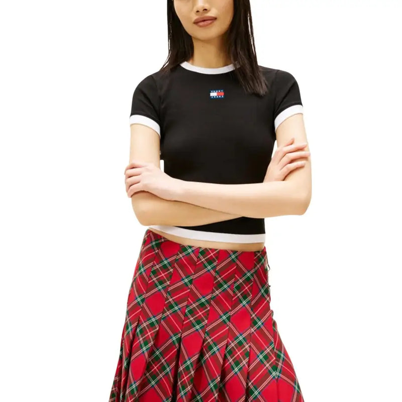 Tommy Hilfiger black short-sleeved organic cotton crop top with white trim