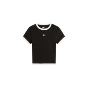 Schwarze Tommy Hilfiger Jeans für Damen aus Bio-Baumwolle t-shirt mit weißem Rippstrickbündchen an Kragen, Ärmeln und Saum