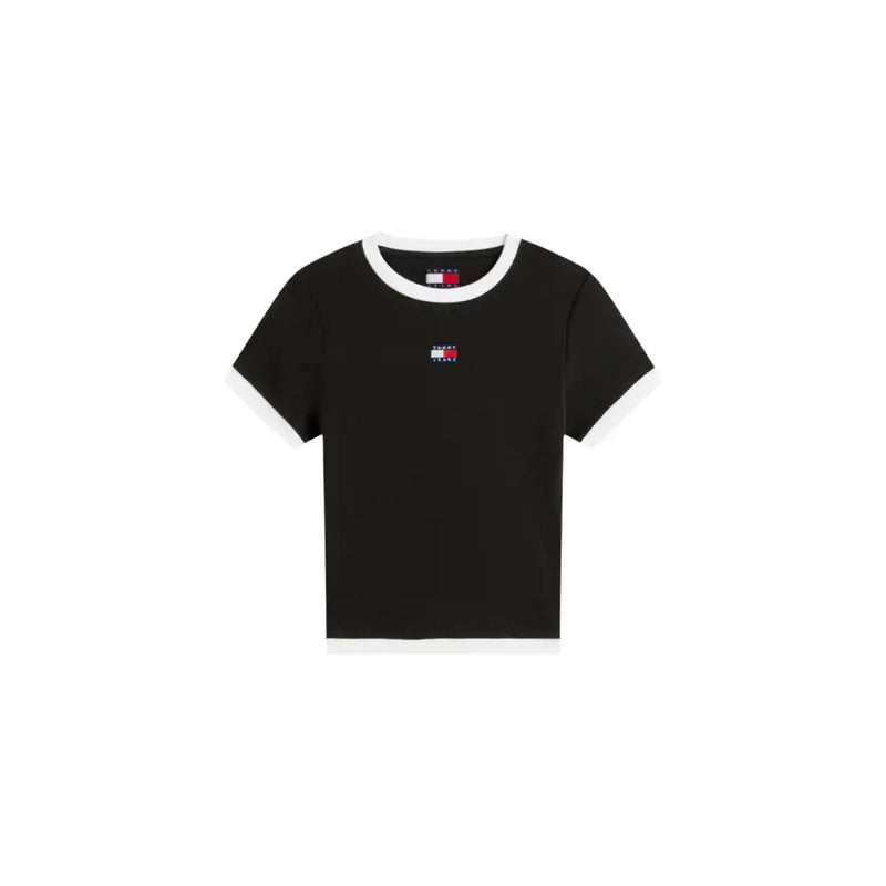 Schwarze Tommy Hilfiger Jeans für Damen aus Bio-Baumwolle t-shirt mit weißem Rippstrickbündchen an Kragen, Ärmeln und Saum