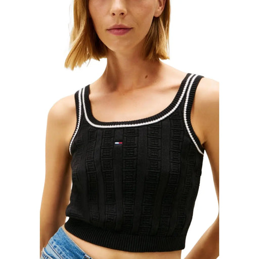 Tommy Hilfiger jeans women black knitted crop top with white trim and textured geometric pattern made from organic cotton