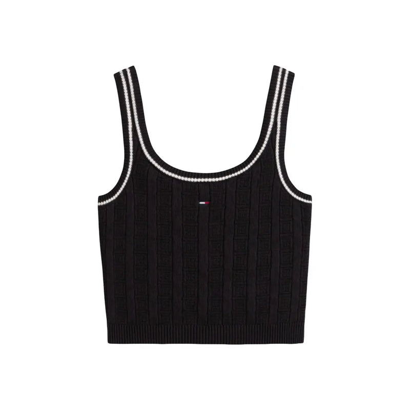 Tommy Hilfiger jeans women black ribbed knit crop top with white trim and small logo in organic cotton