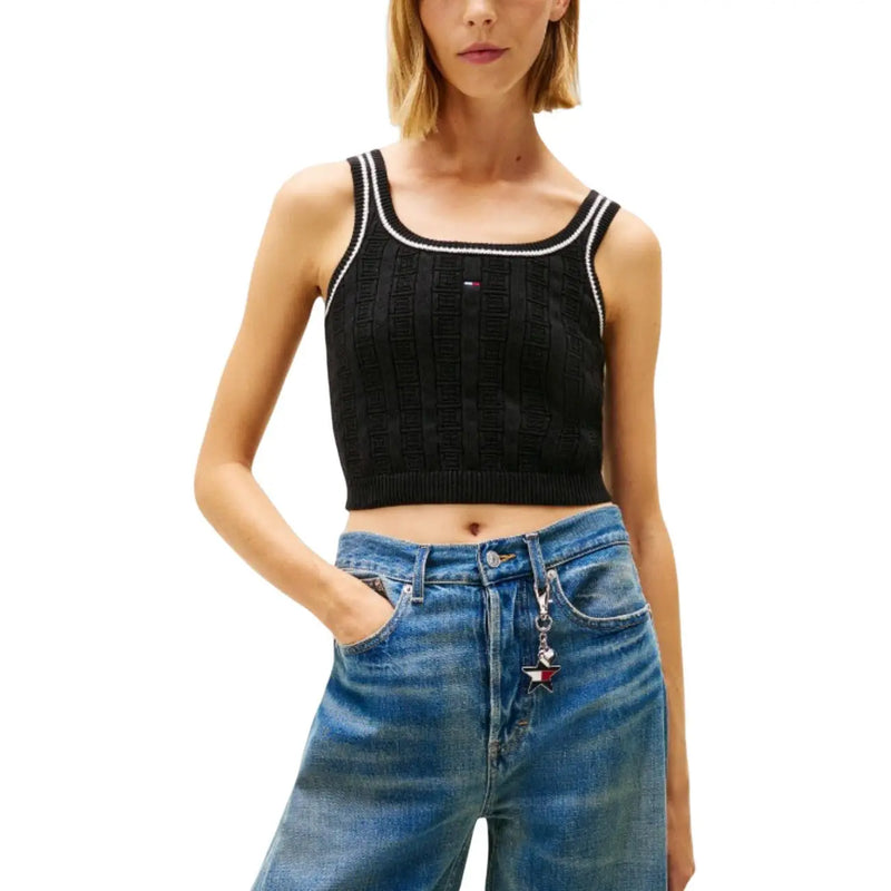Tommy Hilfiger jeans women black knitted crop top with white trim organic cotton and small logo on chest
