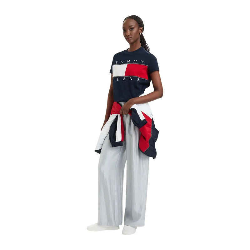 Navy blue tommy hilfiger jeans women t shirt made of organic cotton with red white and navy flag logo on chest
