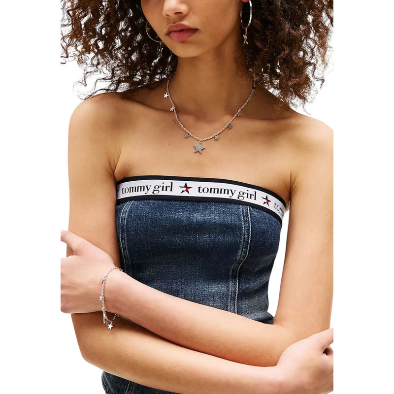 Dark blue denim strapless top with white and black tommy girl logo band made of organic cotton by Tommy Hilfiger Jeans