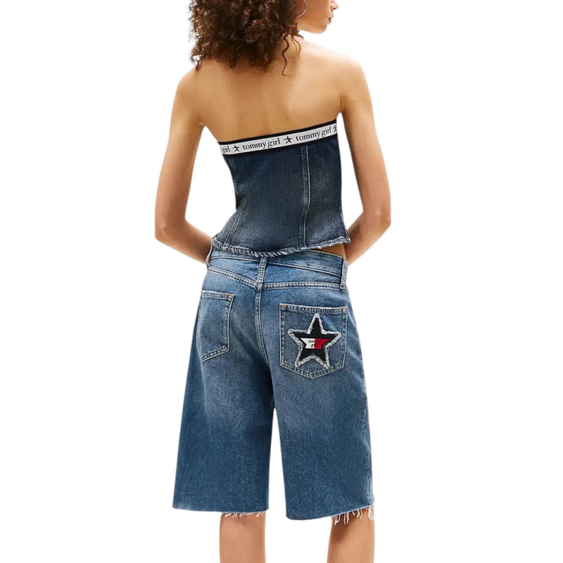 Blue denim two-piece set with strapless corset top and wide-leg shorts featuring star patch back pocket by tommy hilfiger