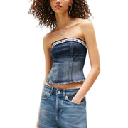 Blue denim strapless corset top with white elastic tommy girl band made from organic cotton by Tommy Hilfiger Jeans