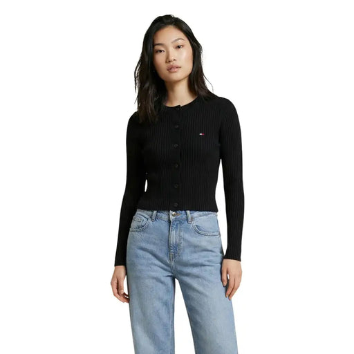 Tommy Hilfiger black ribbed knit button front cardigan with logo