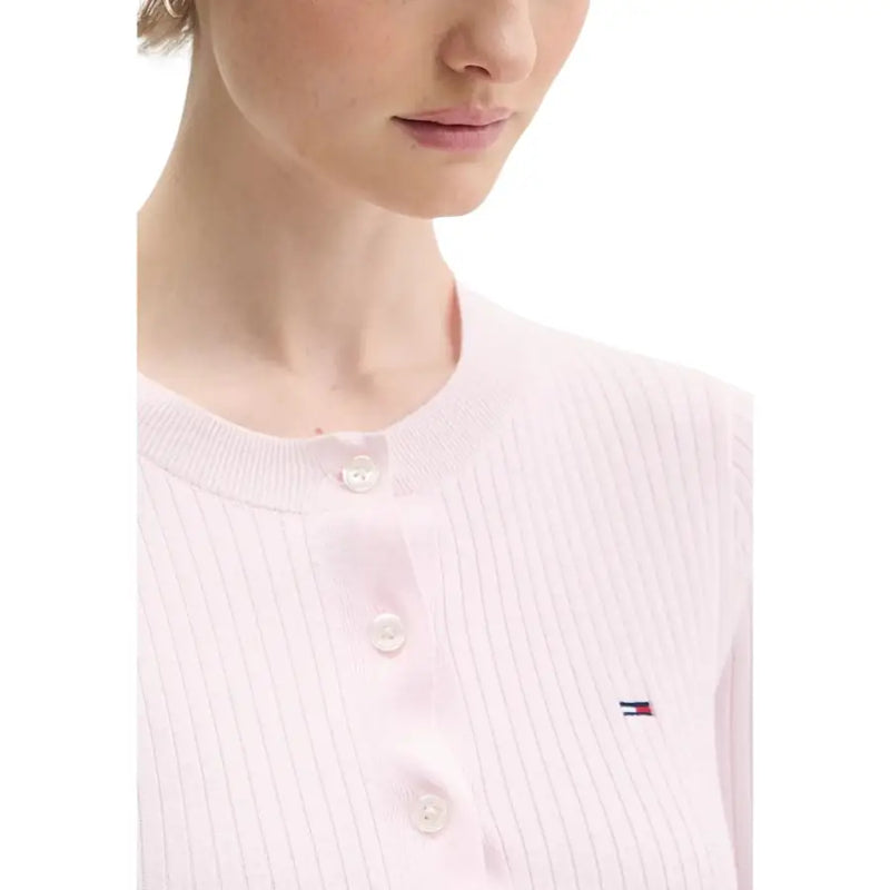 Tommy Hilfiger jeans women pink soft ribbed knit cardigan with round neckline white buttons and chest logo embroidery