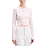 Tommy Hilfiger womens pink soft ribbed knit cropped cardigan with round neckline and logo on left chest