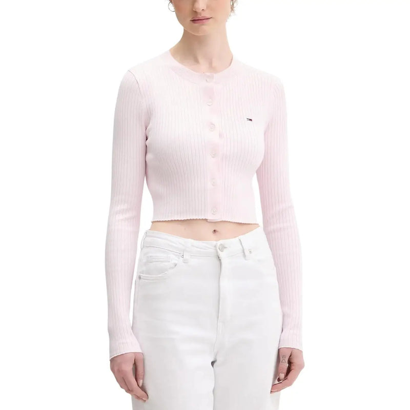 Tommy Hilfiger Jeans women pink ribbed knit cropped button cardigan