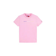 Pink tommy hilfiger jeans women organic cotton t shirt with subtle multicolored logo and small flag emblem on sleeve