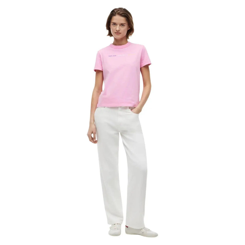 Tommy Hilfiger Jeans women pink organic cotton t shirt with short sleeves and subtle embroidered chest logo