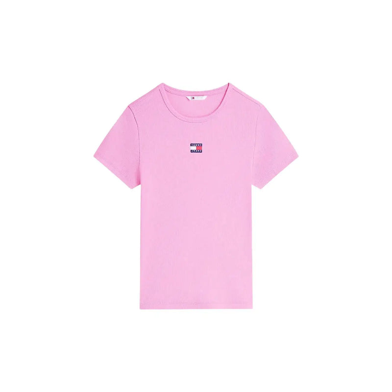 Pink Tommy Hilfiger short-sleeved ribbed cotton t shirt with small logo patch on chest for women