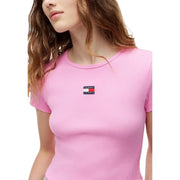 Pink ribbed short sleeve cotton t shirt by tommy hilfiger jeans with small logo patch on the chest