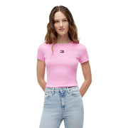 Tommy Hilfiger Jeans women pink ribbed cotton t shirt with short sleeves and a small rectangular logo patch on left chest