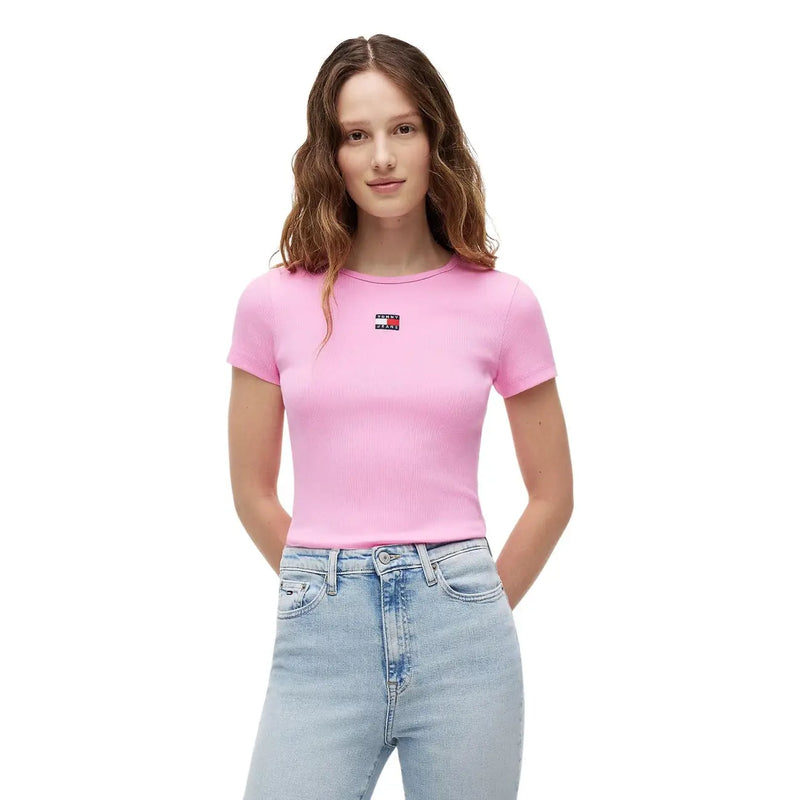 Tommy Hilfiger Jeans women pink ribbed cotton t shirt with short sleeves and a small rectangular logo patch on left chest