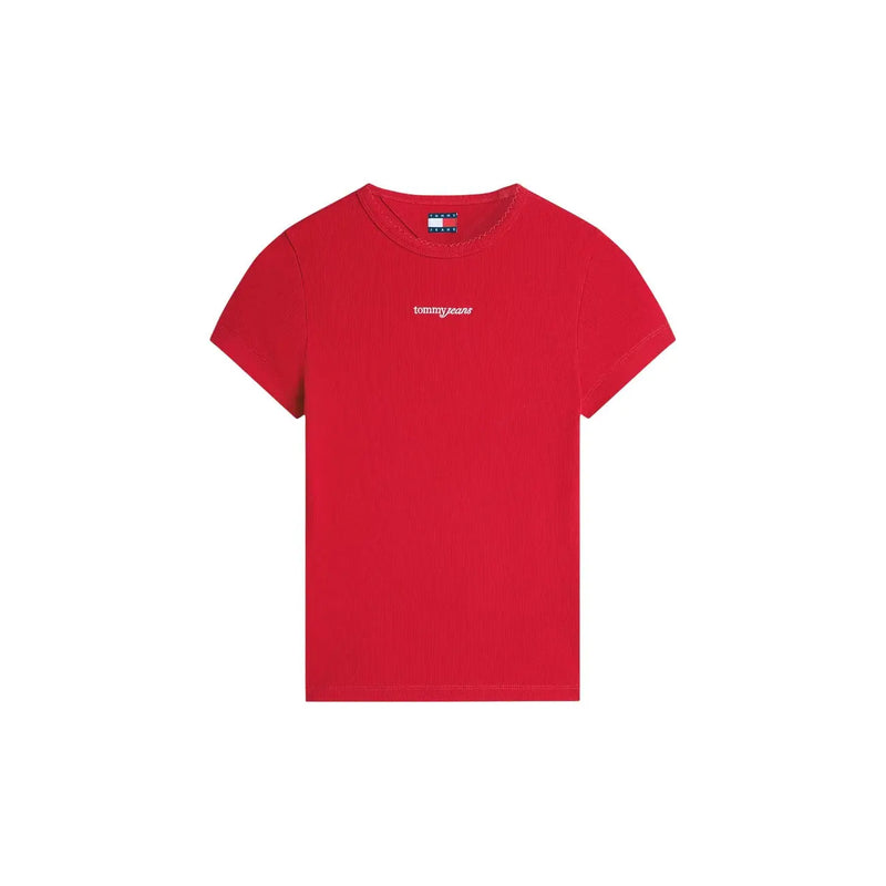 Tommy Hilfiger Jeans women red organic cotton t shirt with short sleeves and subtle white embroidered logo on chest
