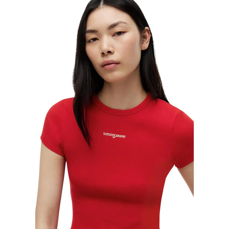 Red ribbed short-sleeve organic cotton t shirt with tommy jeans embroidered in white script by Tommy Hilfiger Jeans women