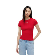 Tommy Hilfiger Jeans women red organic cotton t shirt with short sleeves and subtle embroidered logo on chest