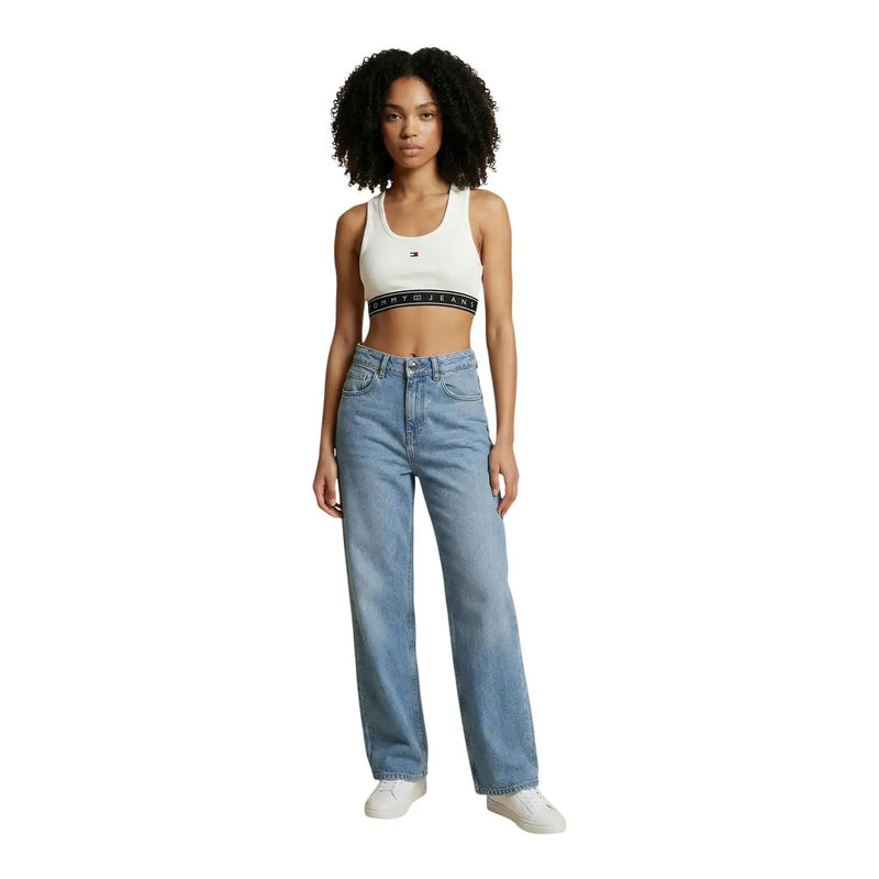 Tommy Hilfiger Jeans women sleeveless white crop top with black waistband and logo detail in cotton blend fabric