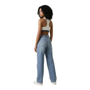Light-wash denim jeans with wide-leg cut and classic back pockets from tommy hilfiger women sleeveless round neck white top back view